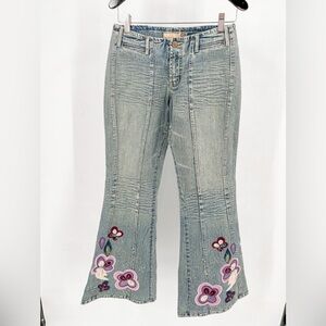 Crest Jeans Distressed Light Wash Blue Pink/Purple Vintage Floral Flare Leg Jean